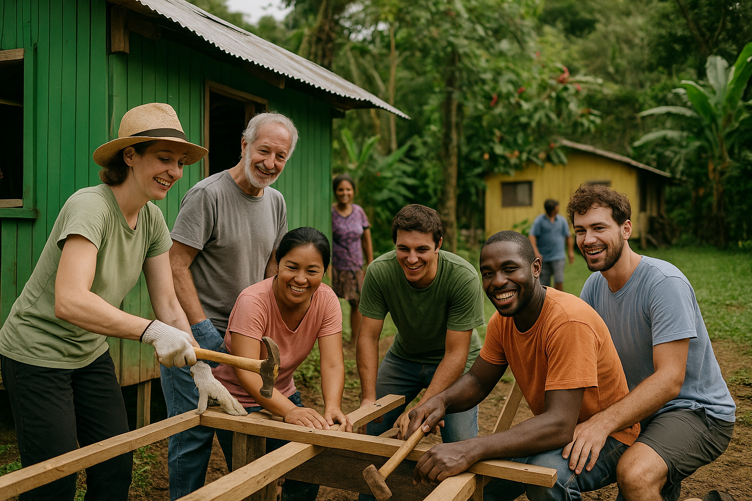 Globe Aware volunteers working side by side with local community members on a building project during a volunteer vacation.