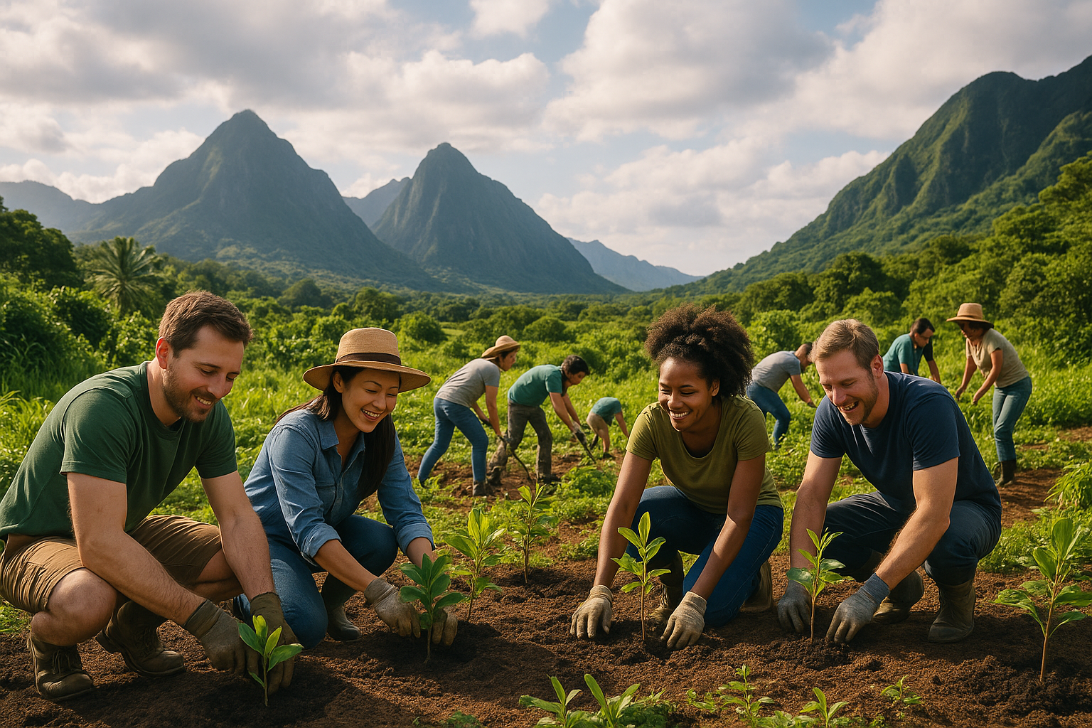 Volunteers planting trees in a community garden against a dramatic landscape, symbolizing meaningful and sustainable travel.